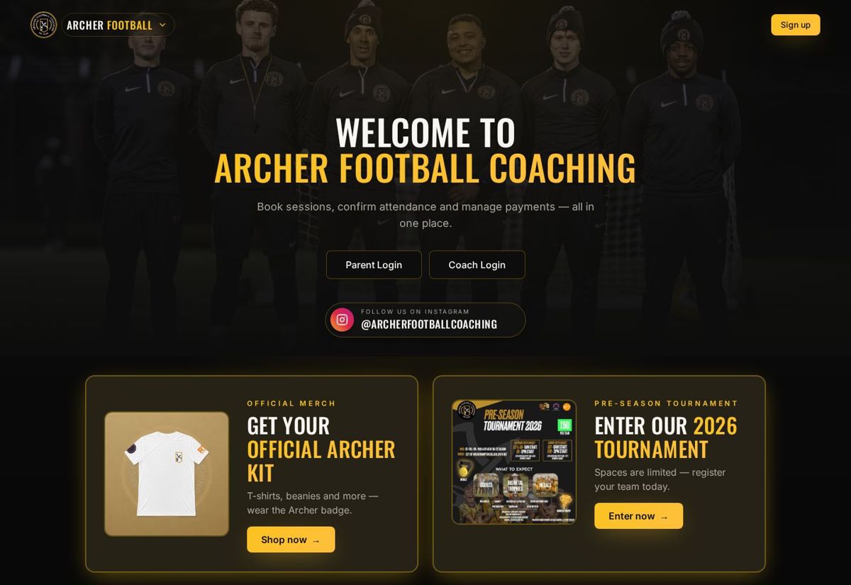 Homepage of the Archer Football Coaching website built by Vision & Venture